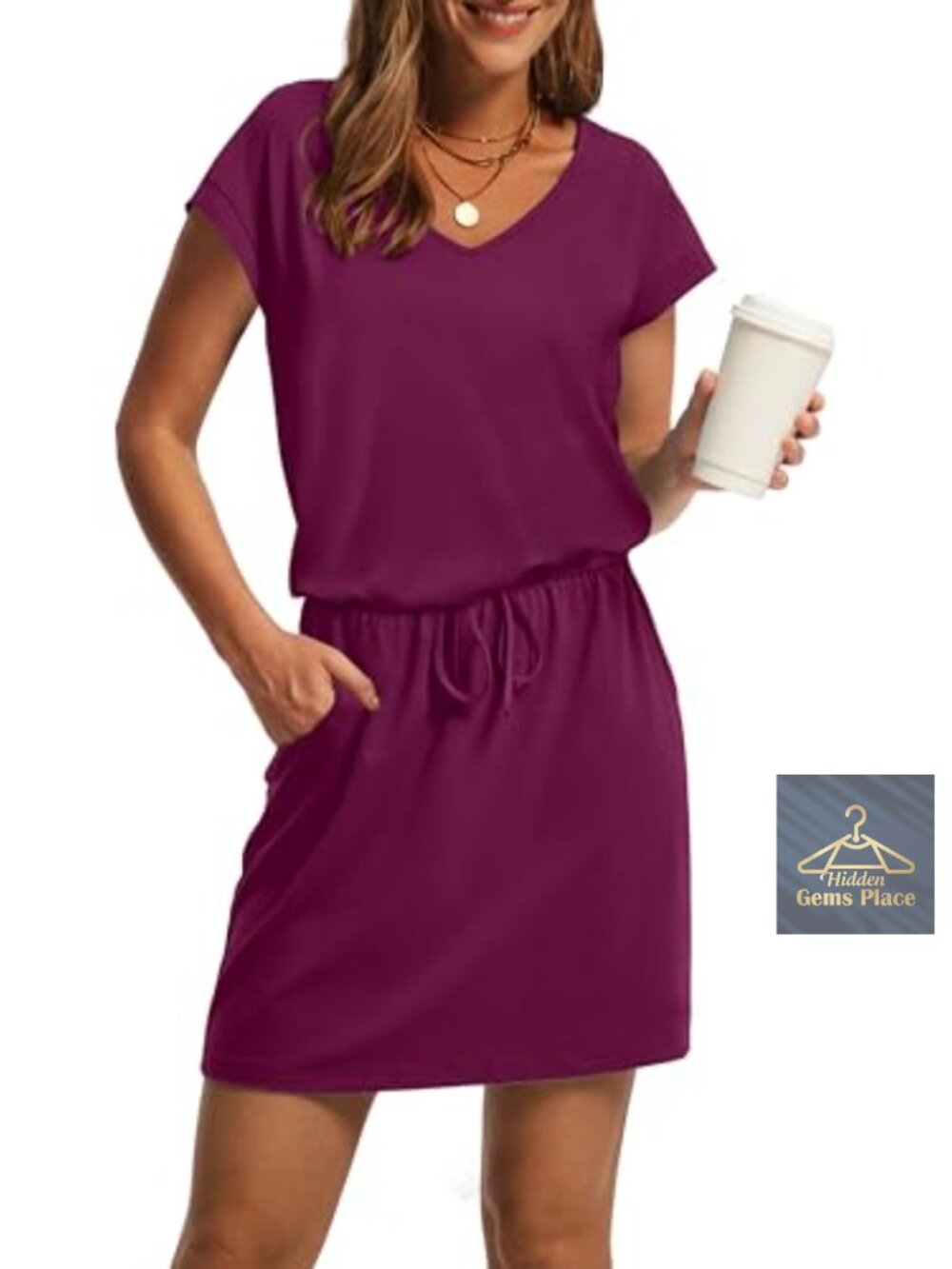 OFEEFAN Women's Summer V Neck T Shirt Mini Dress Tie Waist Sundress with Pockets